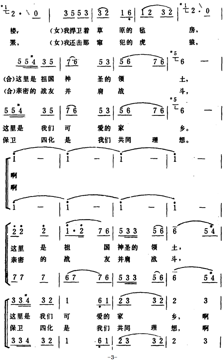 我们守卫在南疆北疆（男女声二重唱）（2/2） -  简谱第1页