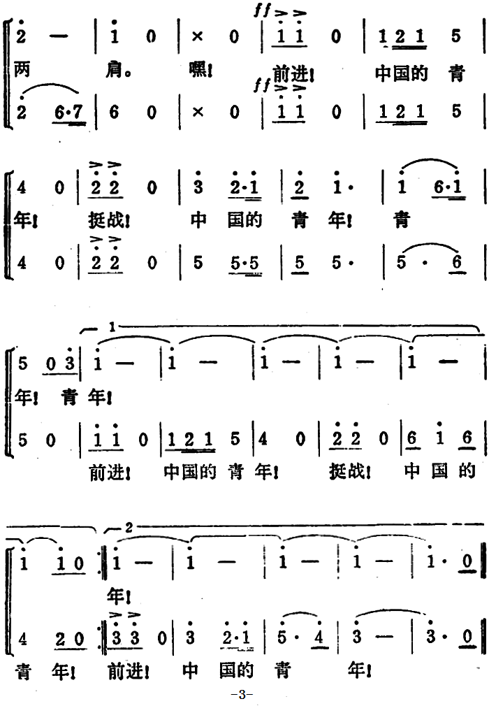 青年进行曲（田汉词 冼星海曲）（2/2） -  简谱第1页