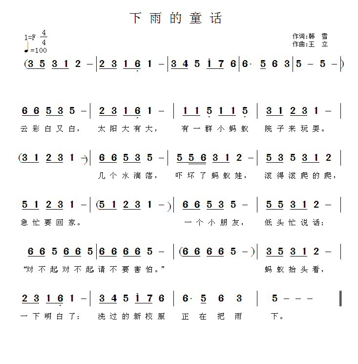 下雨的童话（王立曲 韩雪词） -  简谱第1页