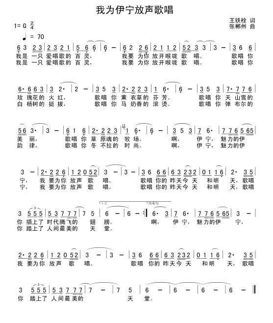 我为伊宁放声歌唱（王铁栓词 张郴州曲） -  简谱第1页