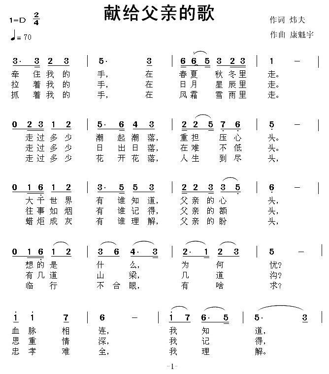 献给父亲的歌 （炜夫词 康魁宇曲） -  简谱第1页
