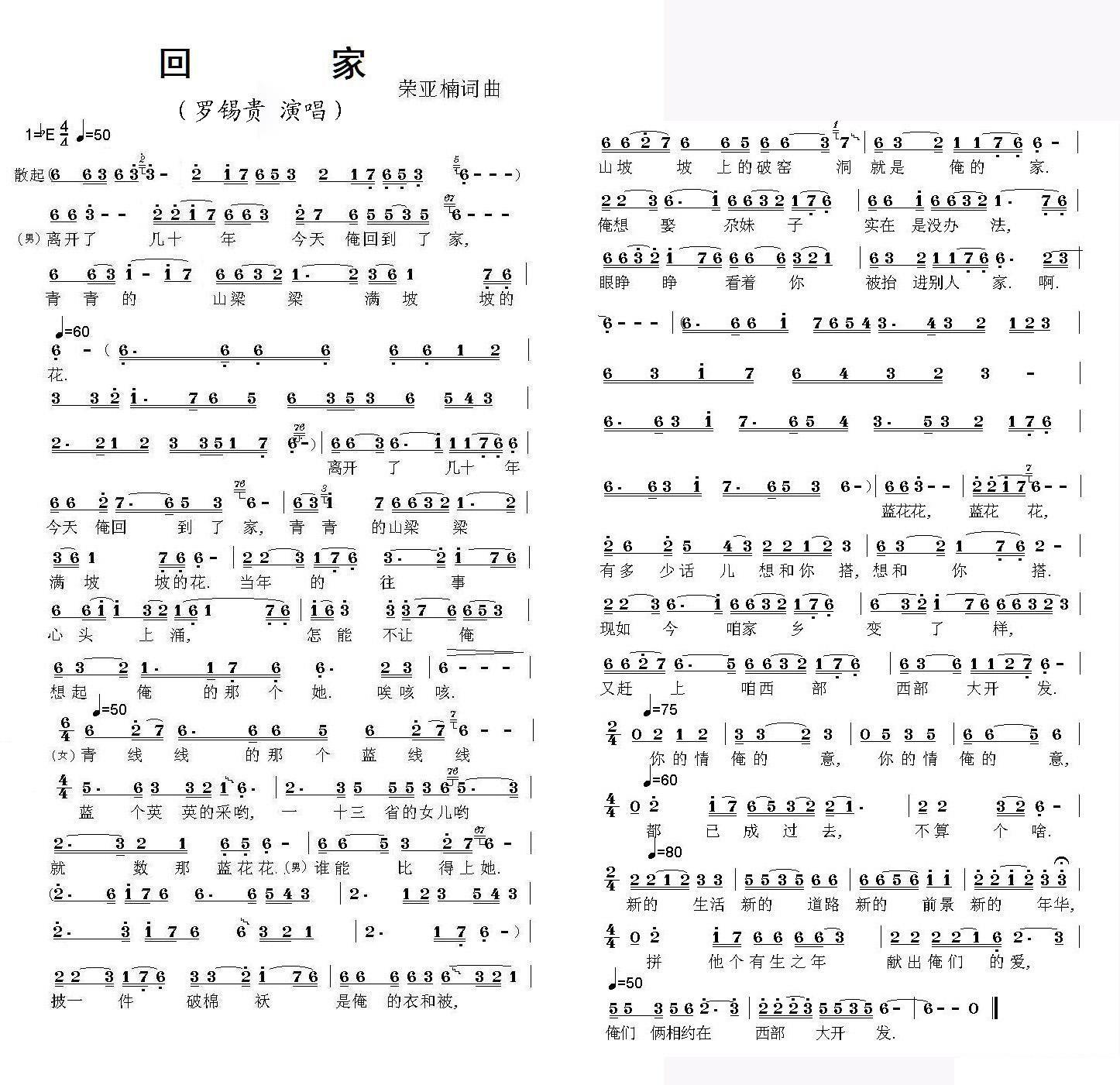 罗锡贵演唱：回家（荣亚楠 词曲）（3/3） -  简谱第1页