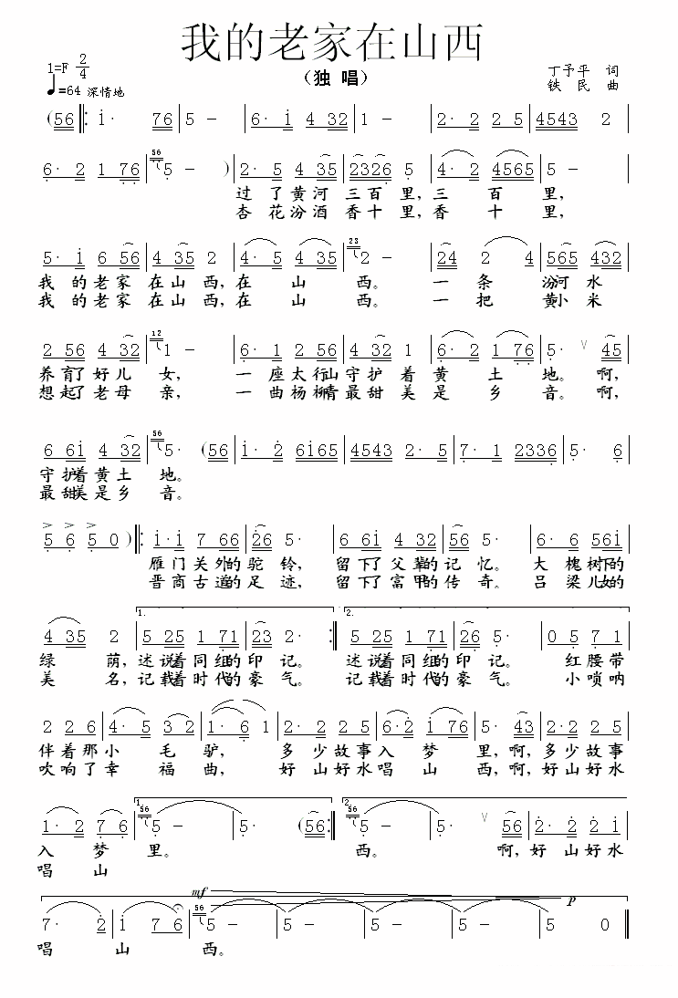 张璐演唱：《我的老家在山西》简谱（1/2） -  简谱第1页