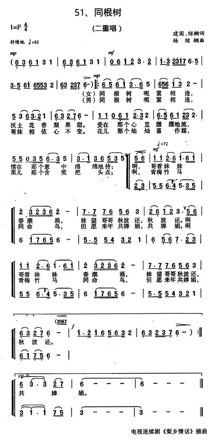 同根树（电视剧《梨乡情话》插曲） -  简谱第1页