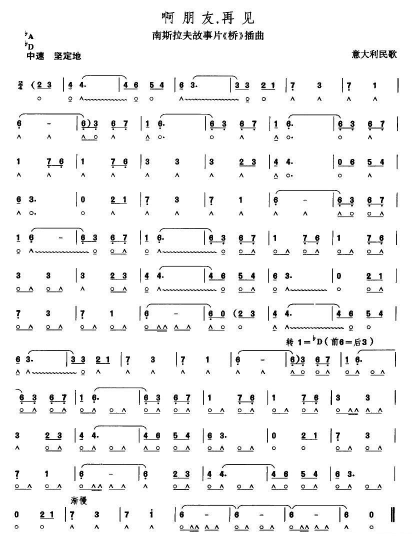 南斯拉夫故事片《桥》插曲：啊 朋友，再见 -  简谱第1页