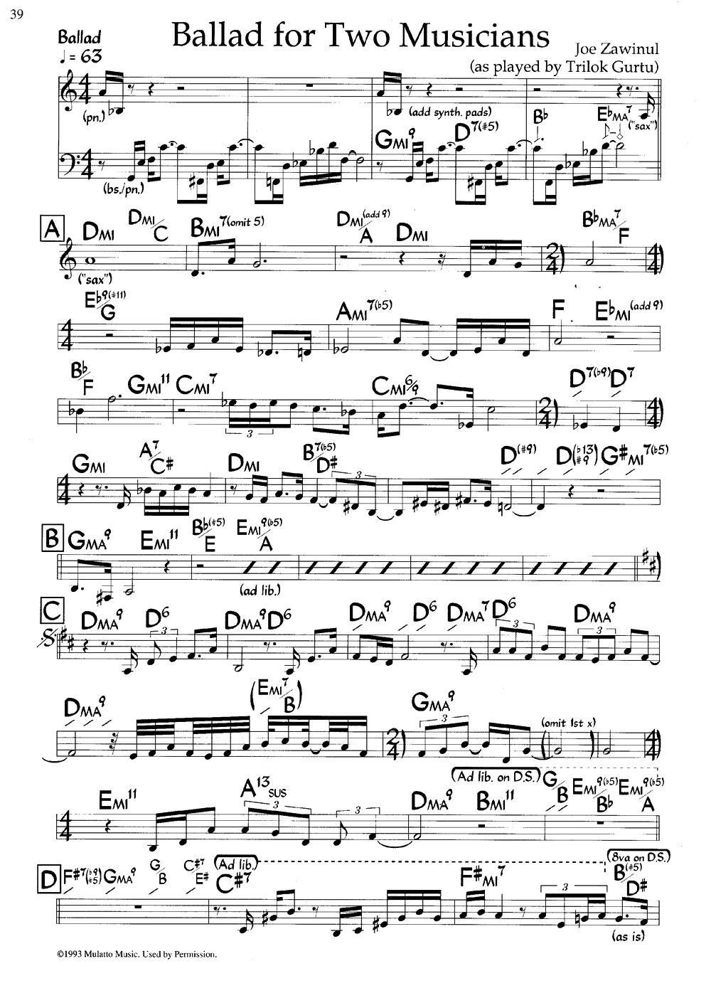 Ballad for Two Musicians（爵士钢琴曲） -  简谱第1页