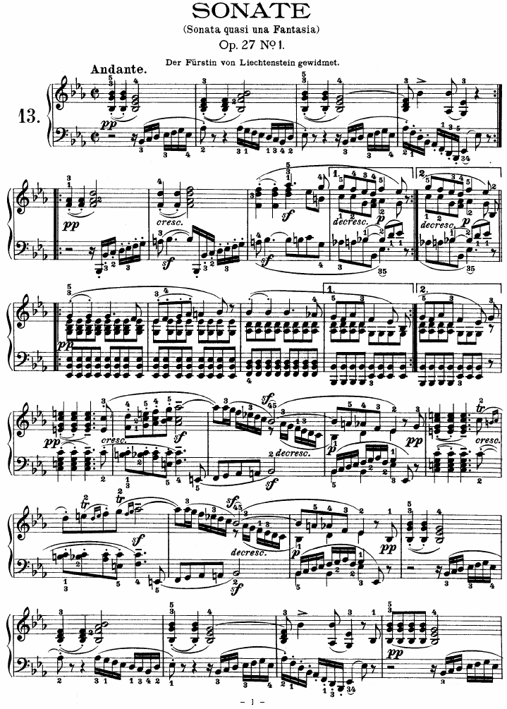 SONATE（第十三钢琴奏鸣曲-Op.27 No.1） -  简谱第1页