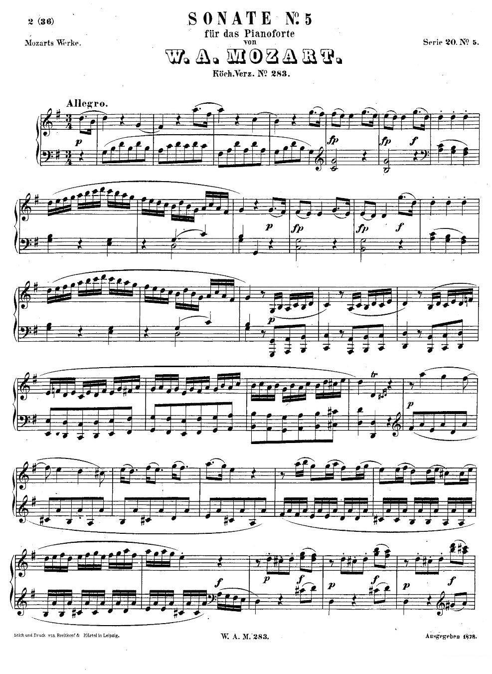 G大调第五钢琴奏鸣曲 KV.283 -  简谱第1页
