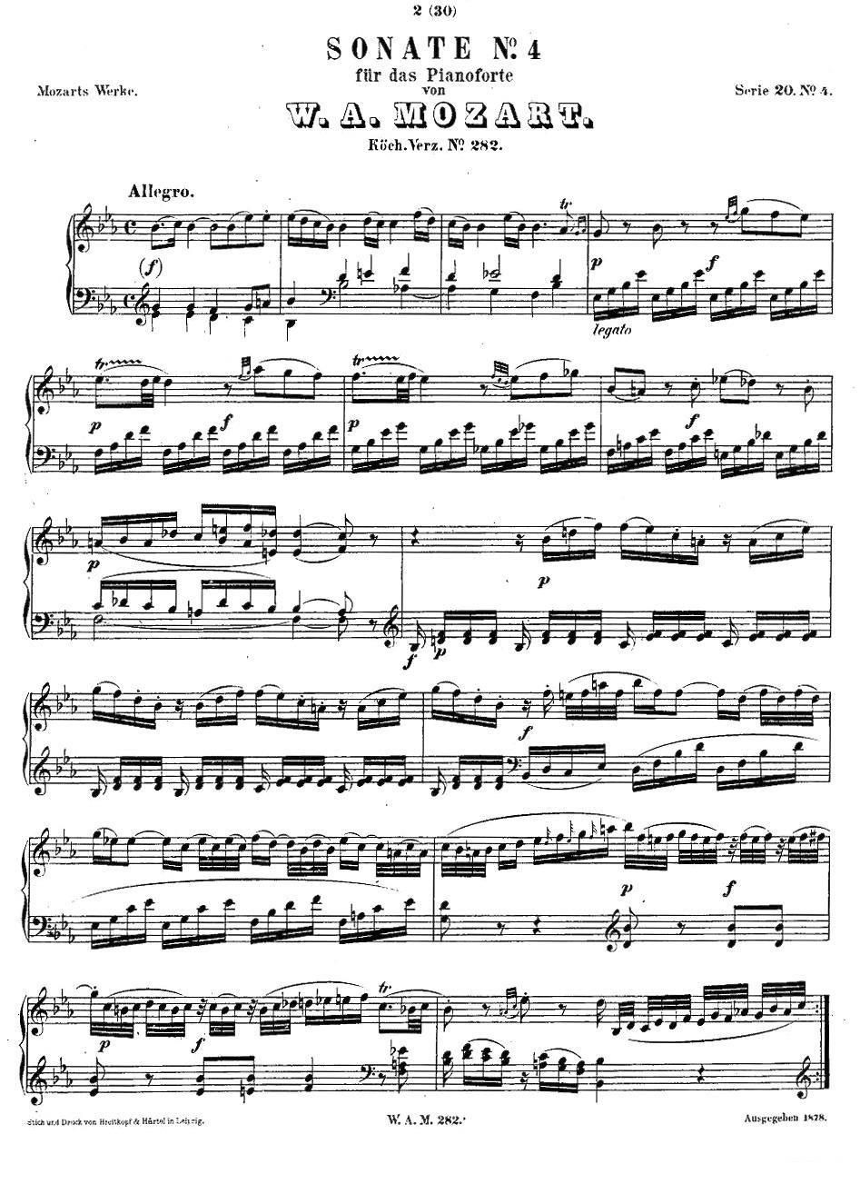 降E大调第四钢琴奏鸣曲 KV.282 -  简谱第1页
