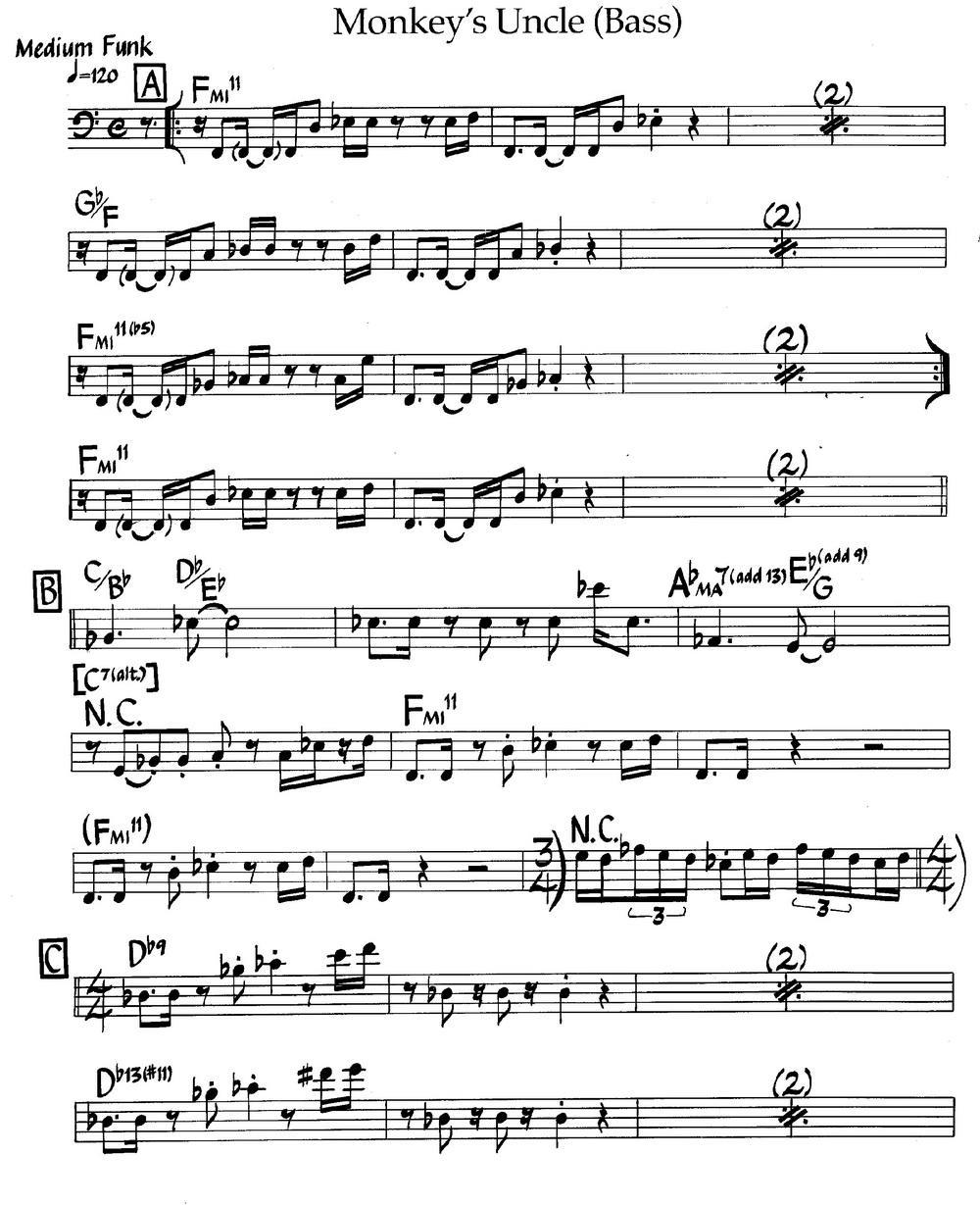 爵士钢琴曲：Monkeys Uncle (Bass) -  简谱第1页