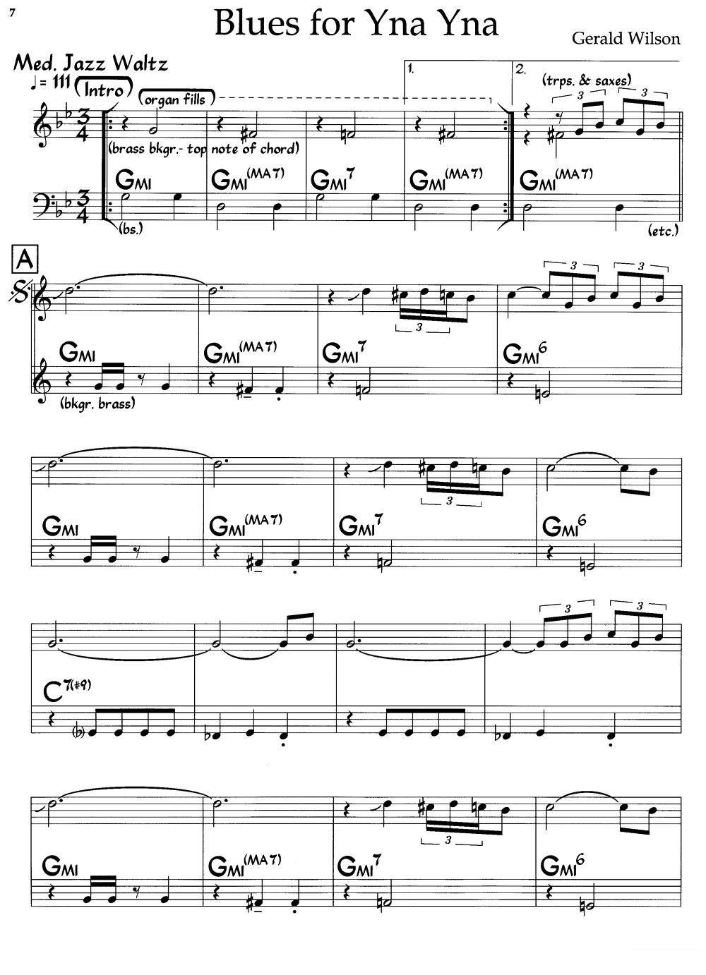 爵士钢琴曲：Blues For Yna Yna -  简谱第1页