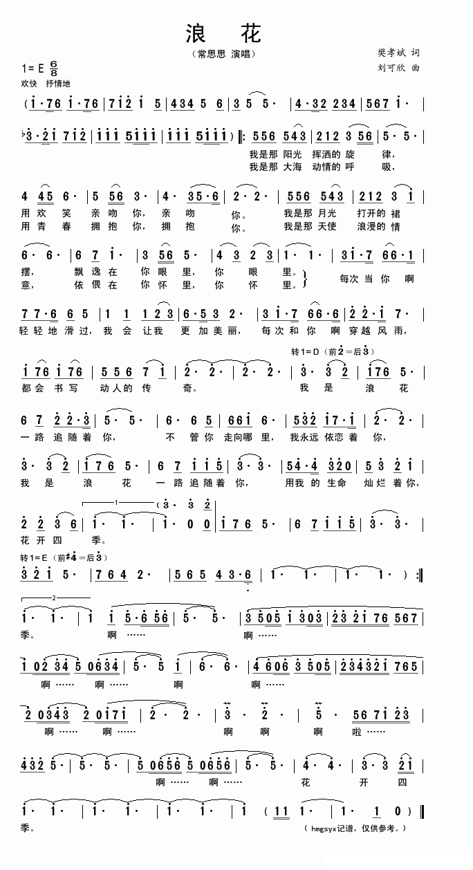 浪花（樊孝斌词 刘可欣曲） -  简谱第1页