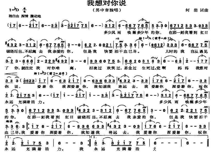 我想对你说（何苗词曲） -  简谱第1页