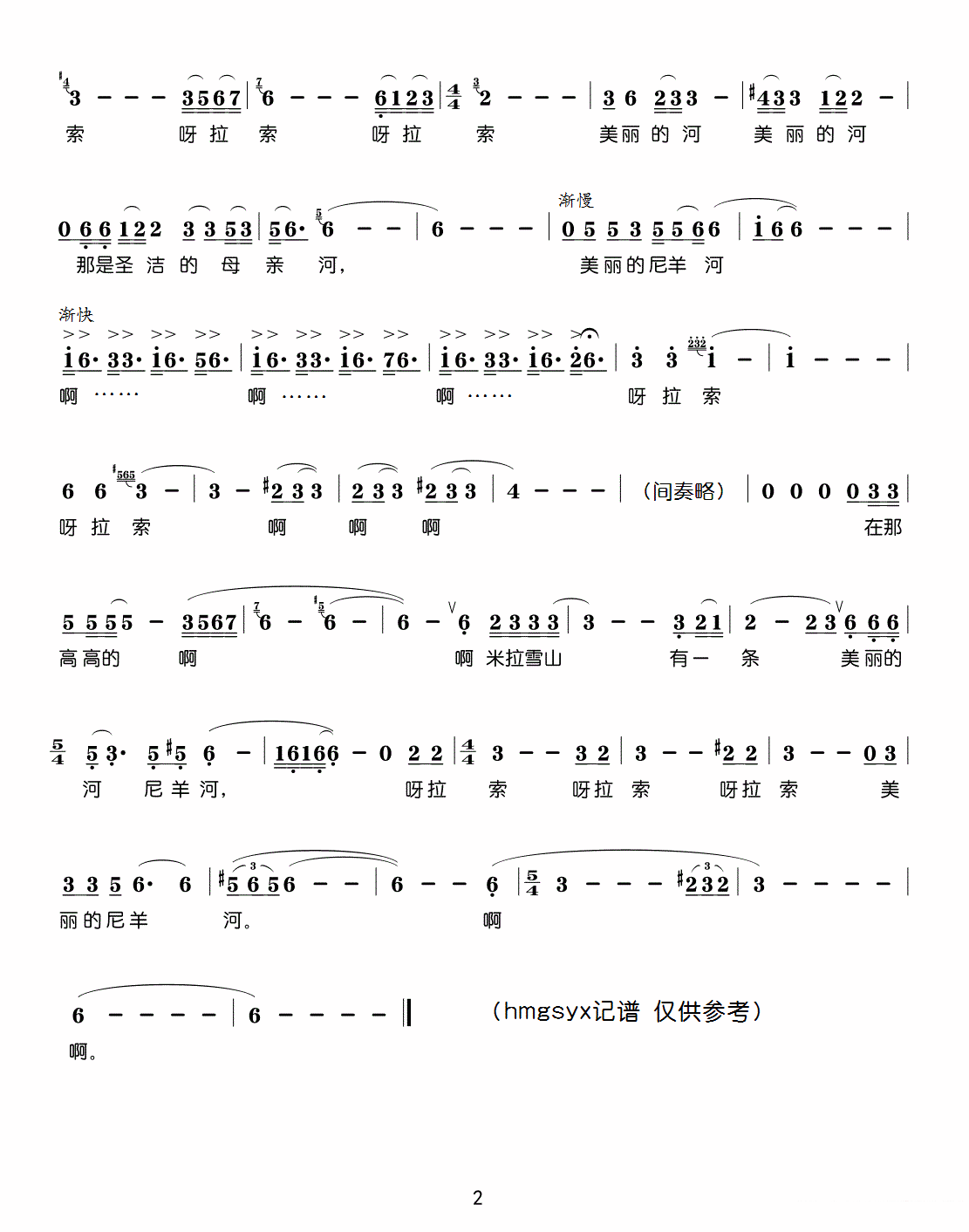 吴艳彧演唱：《美丽的尼羊河》简谱 -  简谱第2页