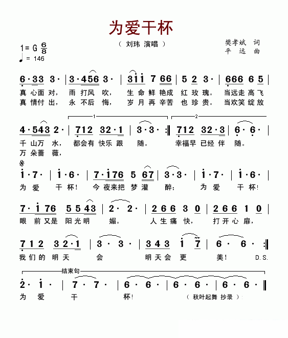 刘玮演唱：《为爱干杯》简谱 -  简谱第1页