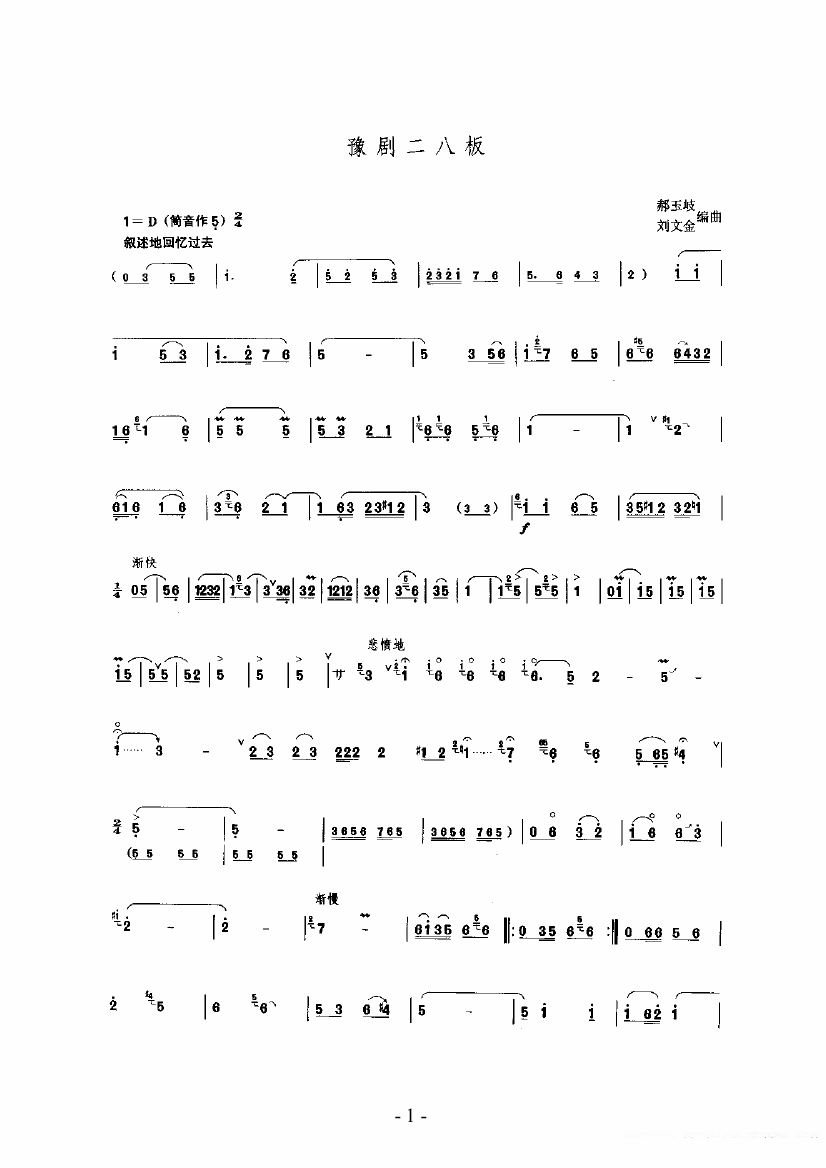 豫剧二八板（唢呐乐谱 郝玉岐、刘文金编曲） -  简谱第1页