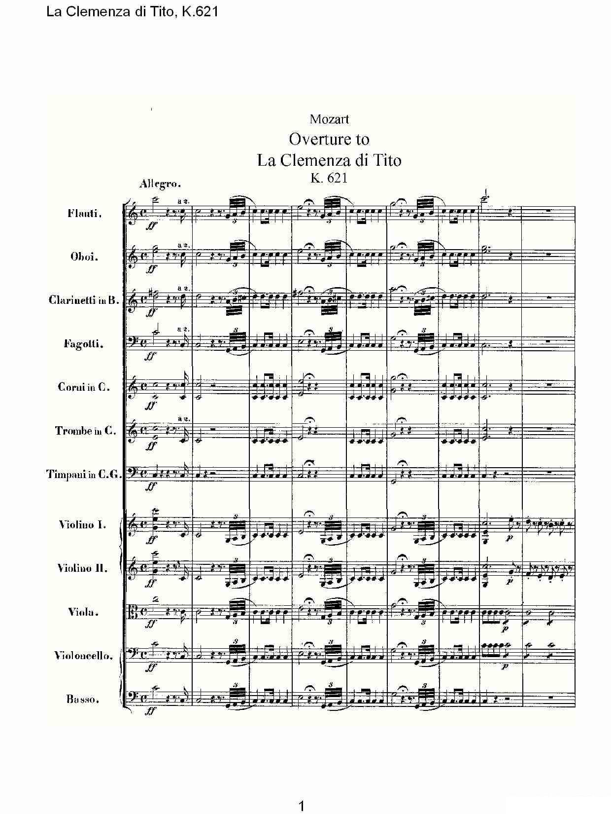 Overture to La Clemenza di Tiao K.621 -  简谱第1页