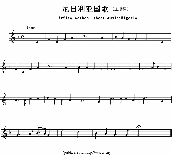 各国国歌主旋律：尼日利亚（Arfica Anthem sheet musec:Nigeria） -  简谱第1页