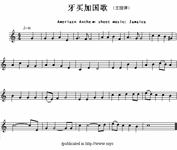 各国国歌主旋律：牙买加（Ameriacn Anthem sheet music:Jamaica） -  简谱第1页