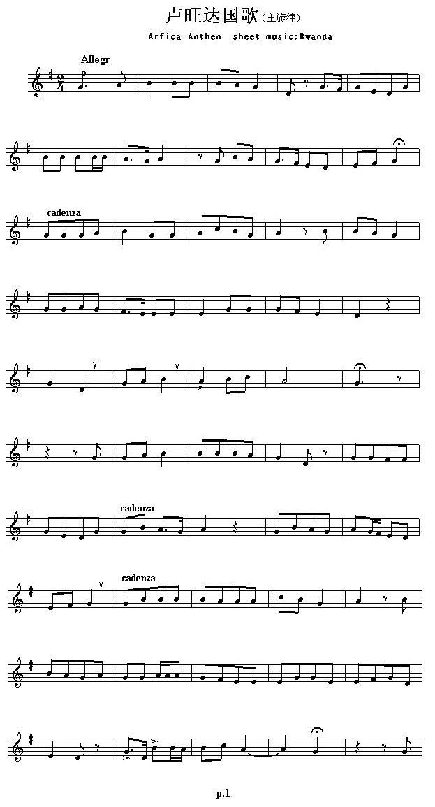 卢旺达国歌（Arfica Anthem sheet musec:Rwanda） -  简谱第1页