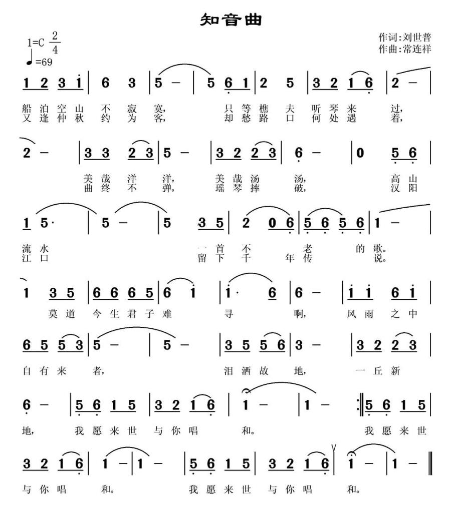 知音曲（常连祥曲 刘世普词） -  简谱第1页