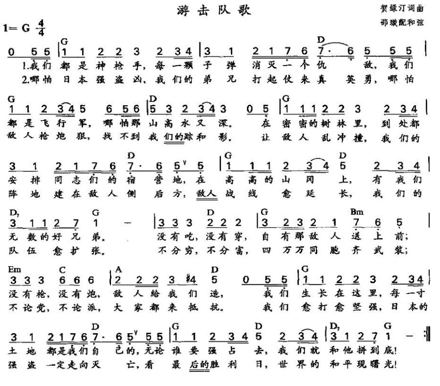 游击队歌（邵璇配和弦版） -  简谱第1页