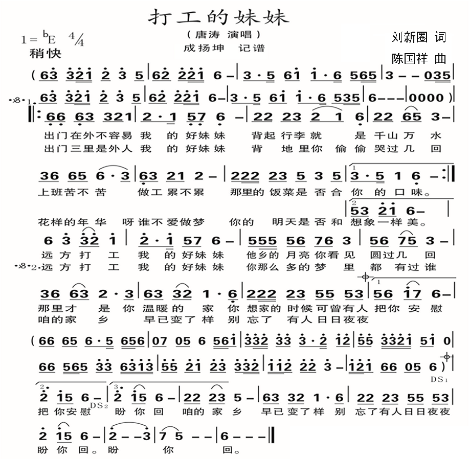 打工的妹妹（刘新圈词 陈国祥曲） -  简谱第1页