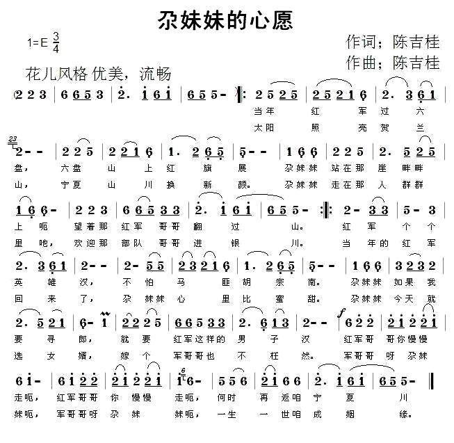 尕妹妹的心愿（陈吉桂词曲） -  简谱第1页