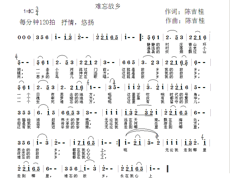 难忘故乡（陈吉桂词曲） -  简谱第1页