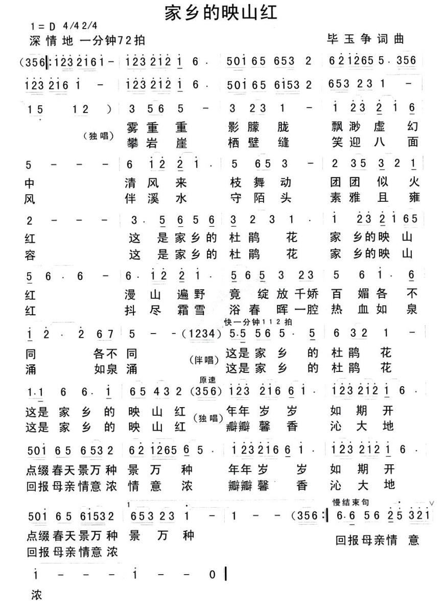 家乡的映山红（毕玉争词曲） -  简谱第1页