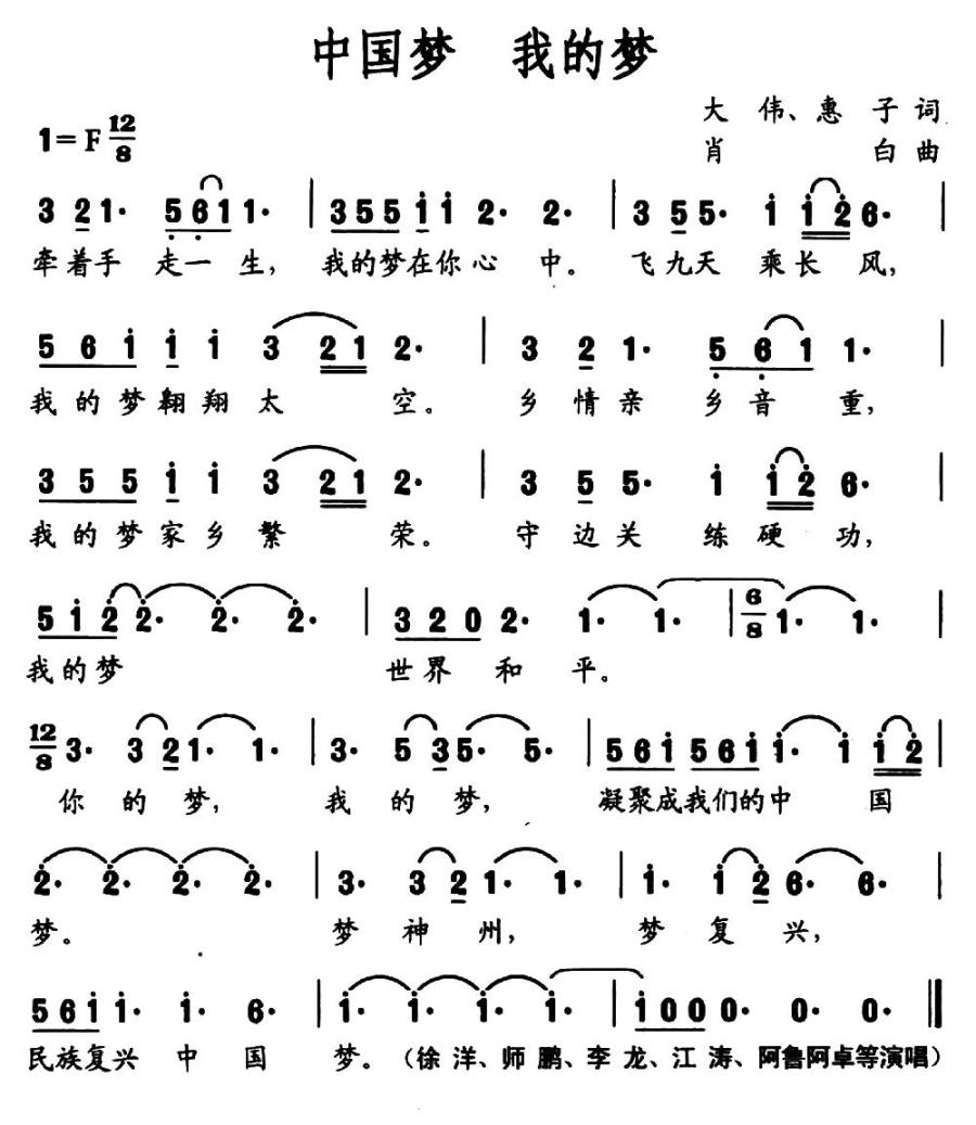 中国梦 我的梦（大伟、惠子词 肖白曲） -  简谱第1页