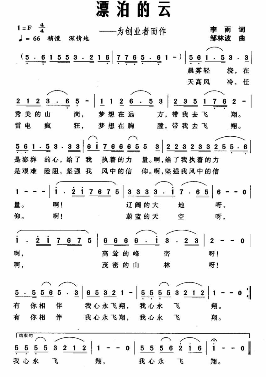 漂泊的云（为创业者而作） -  简谱第1页
