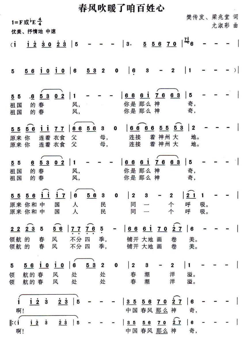 春风春暖咱百姓心（樊传发、梁兆堂词 尤淑彩曲） -  简谱第1页