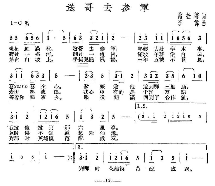 送哥去参军（李伟曲 诸桂馨词） -  简谱第1页