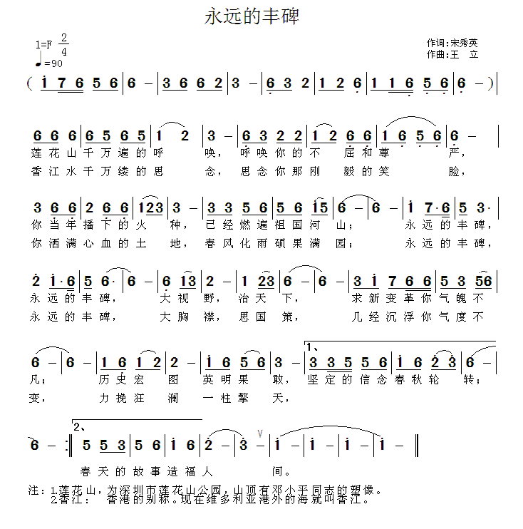 永远的丰碑（宋秀英词 王立曲） -  简谱第1页