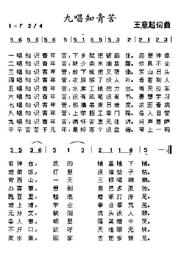 知青小唱（又名：九唱知青苦）（王意超词曲） -  简谱第1页