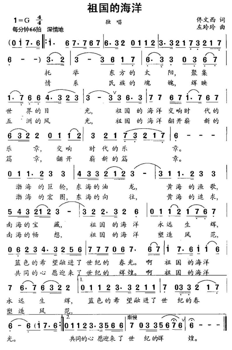 祖国的海洋（佟文西词 左玲玲曲） -  简谱第1页