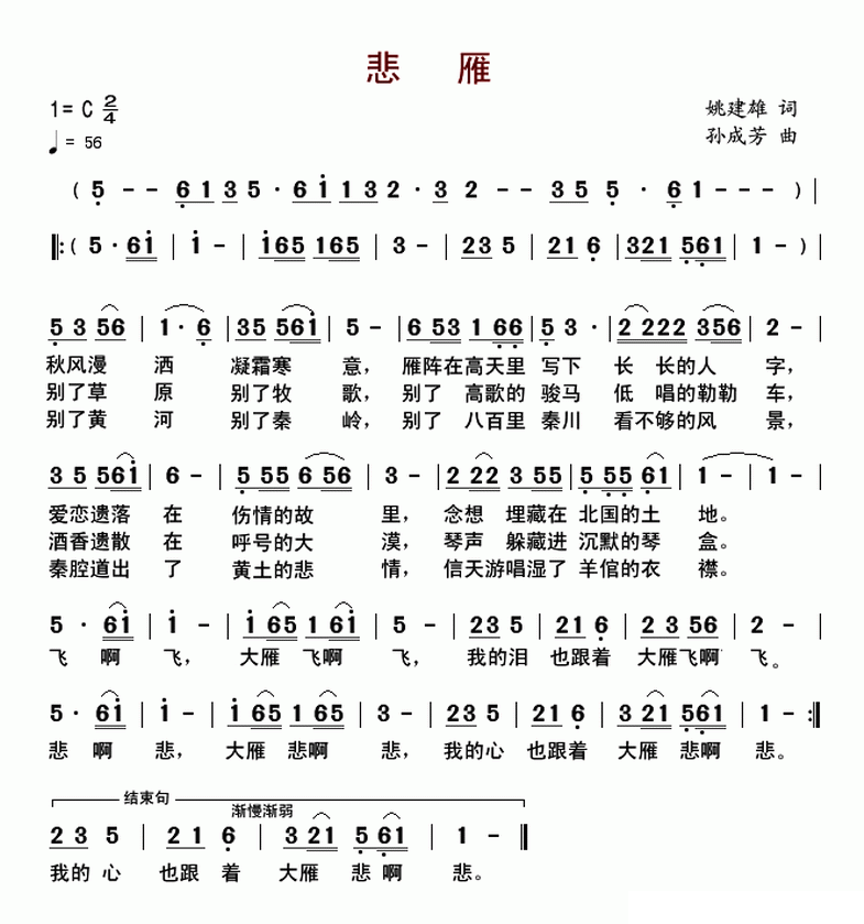 悲雁（孙成芳曲 姚建雄词） -  简谱第1页