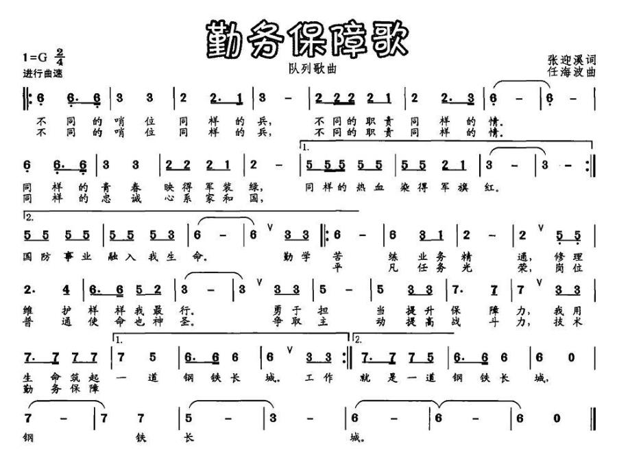 勤务保障歌（任海波曲 张迎溪词） -  简谱第1页