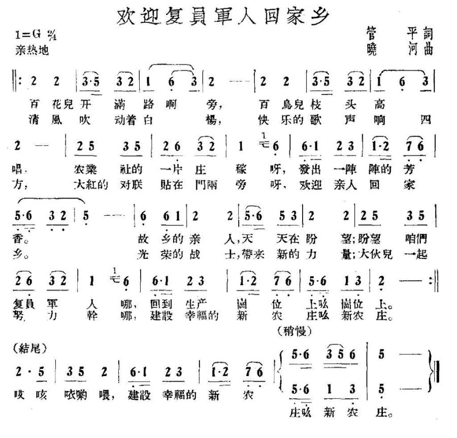 欢迎复员军人回家乡（晓河曲 管平词） -  简谱第1页