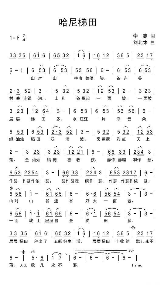 哈尼梯田（李志词 刘北休曲） -  简谱第1页