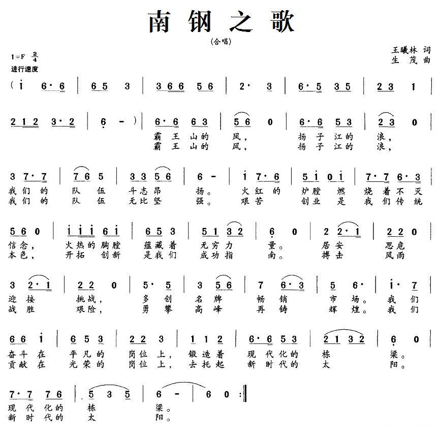 南钢之歌（生茂曲 王曦林词） -  简谱第1页