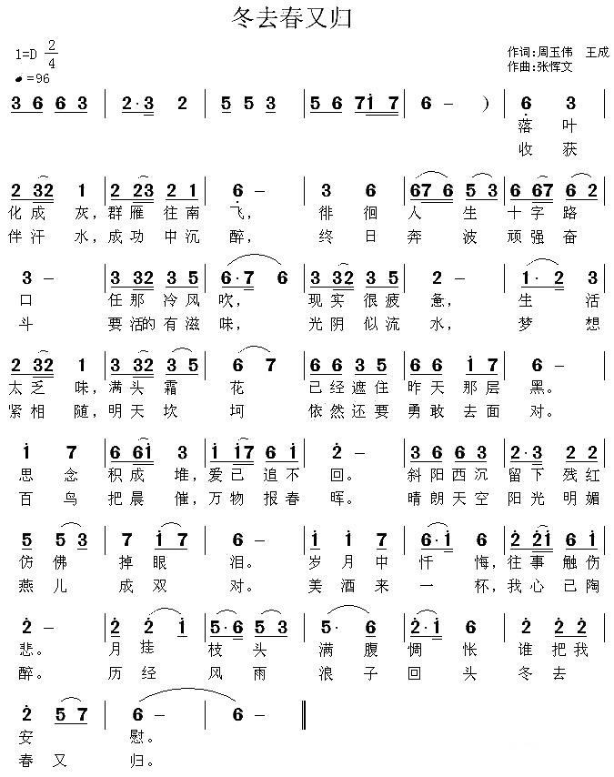 冬去春又归（张恽文曲 周玉伟、王成词） -  简谱第1页