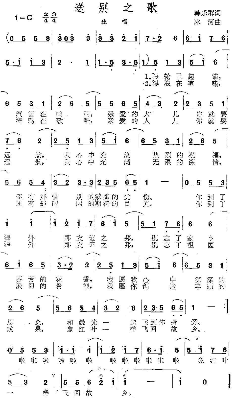 送别之歌（冰河曲 韩乐群词） -  简谱第1页