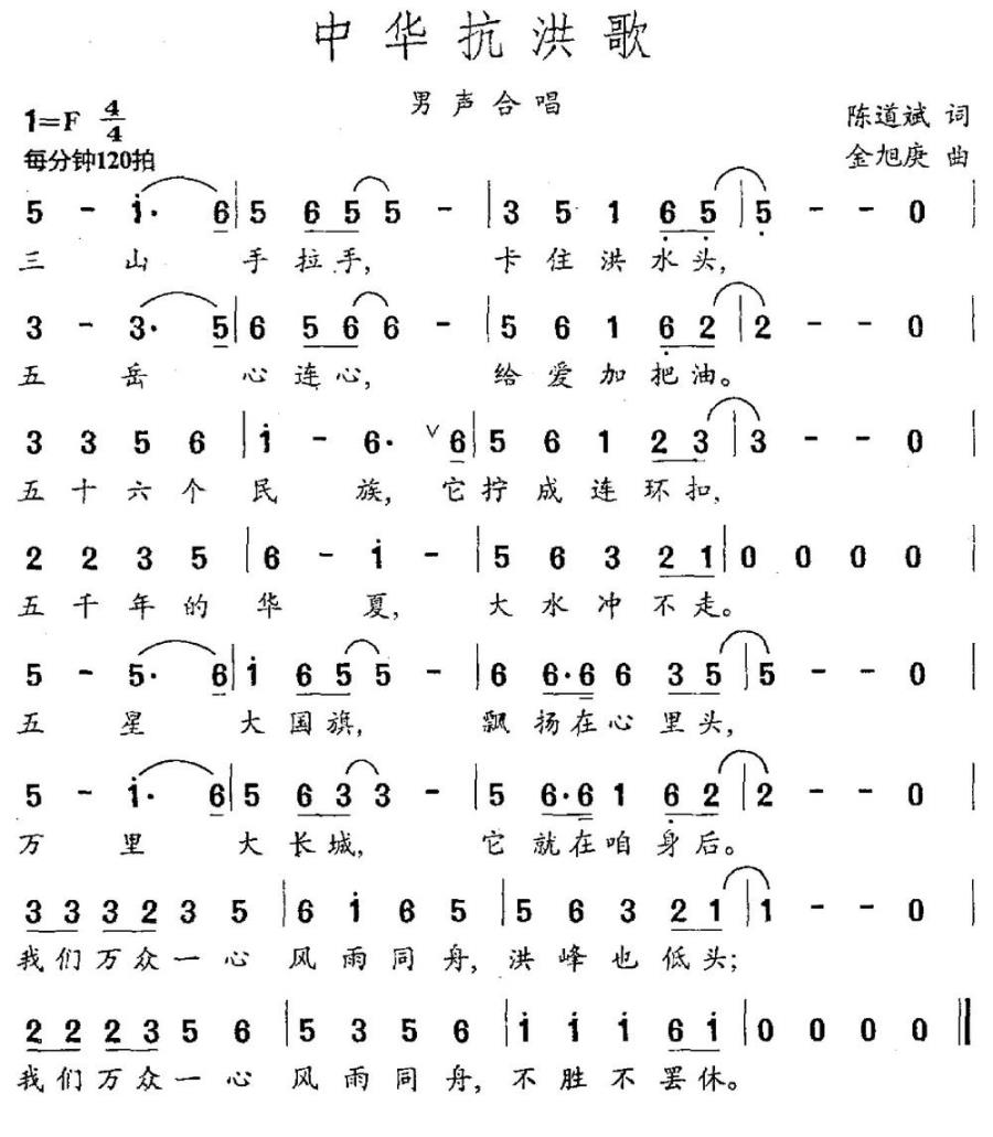 中华抗洪歌（陈道斌词 金旭庚曲） -  简谱第1页