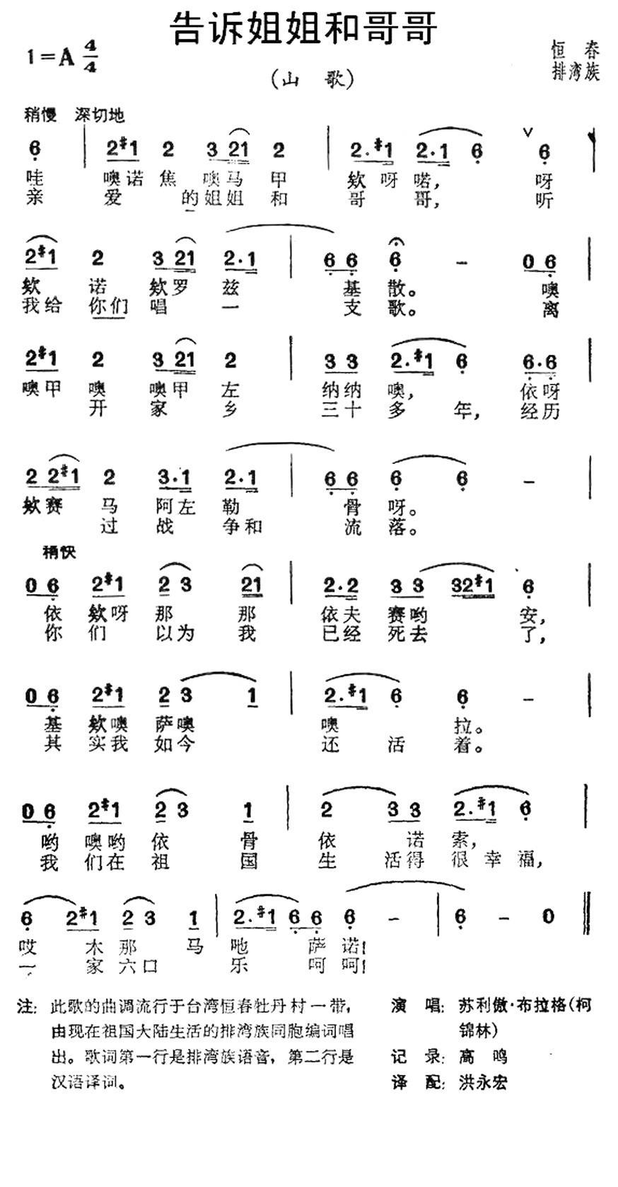 告诉姐姐和哥哥（台湾恒春排湾族山歌） -  简谱第1页