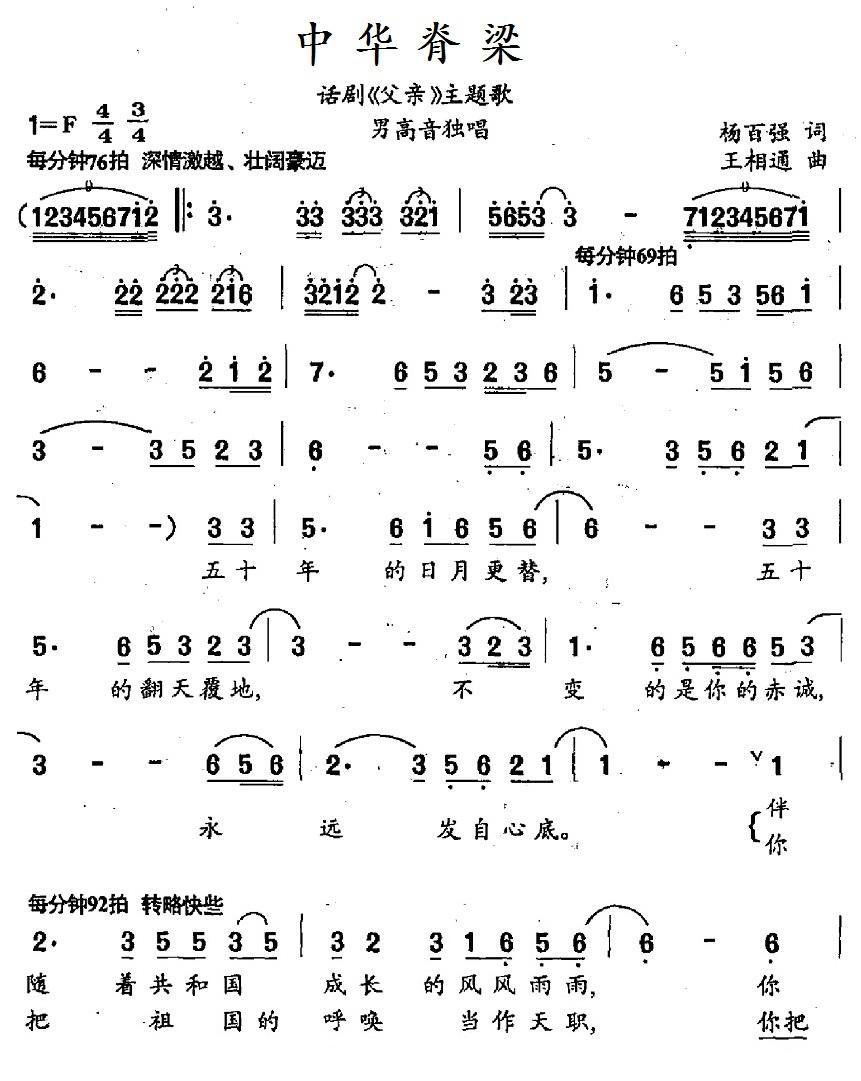 中华脊梁（话剧《父亲》主题歌） -  简谱第1页
