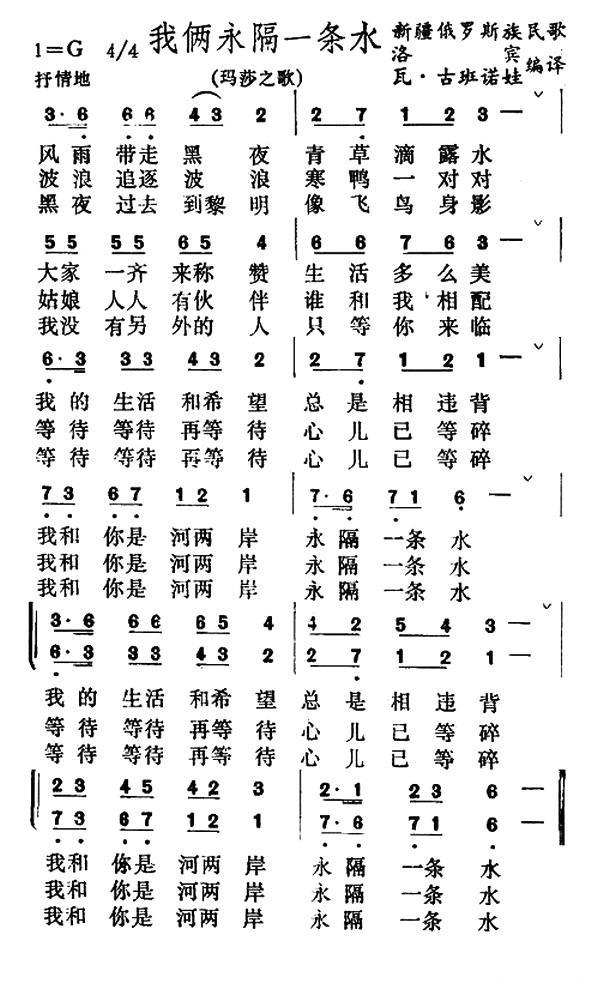 我俩永隔一条水（新疆俄罗斯族民歌） -  简谱第1页