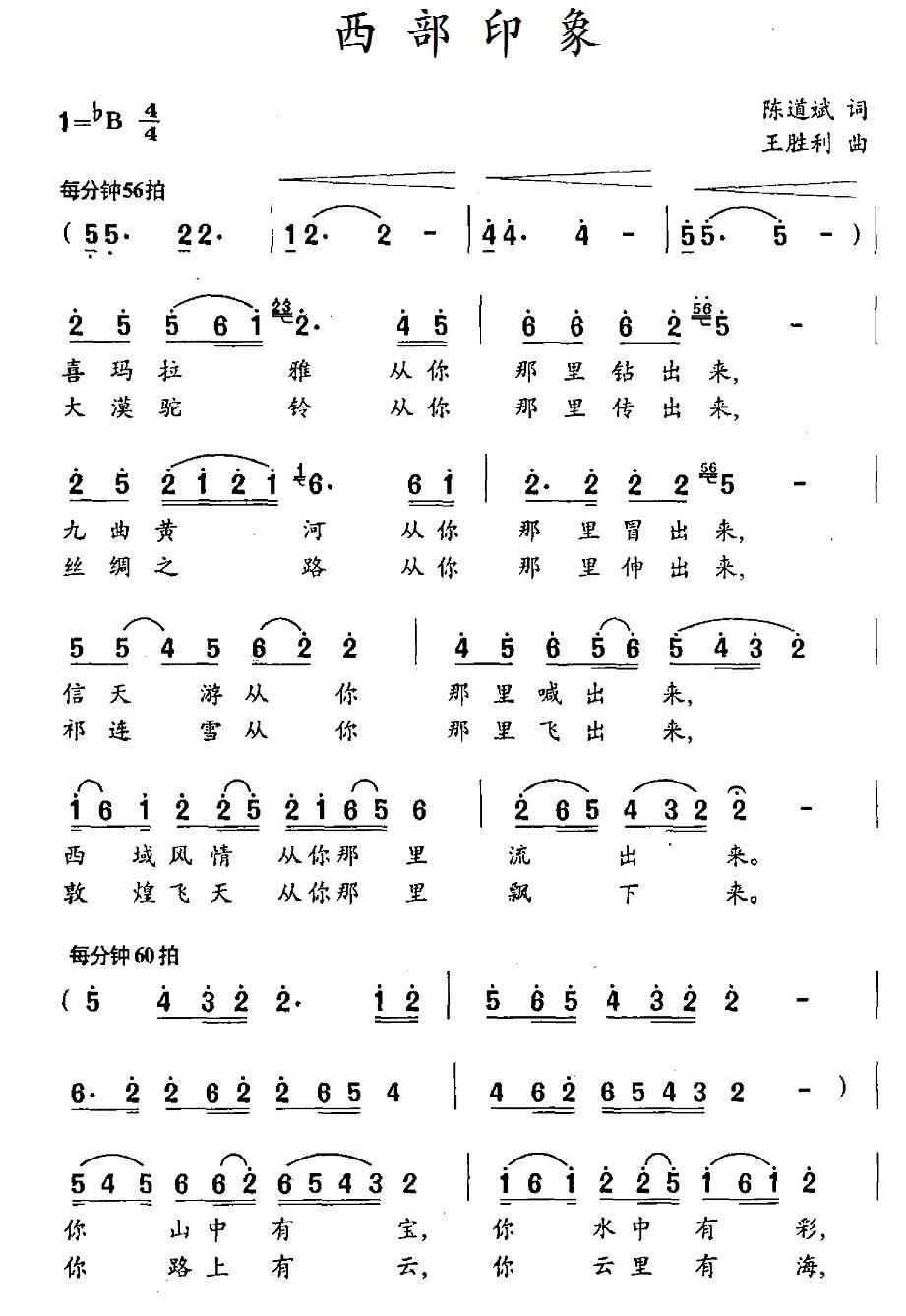 西部印象（王胜利曲 陈道斌词） -  简谱第1页