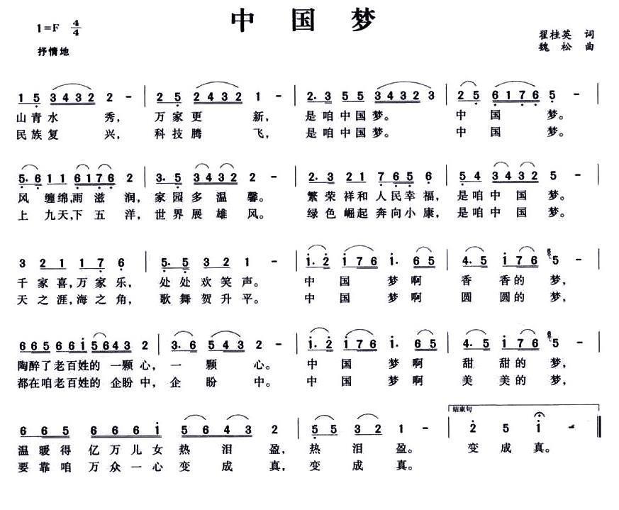 中国梦（翟桂英词 魏松曲） -  简谱第1页